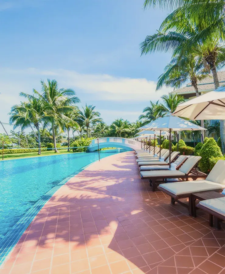 Sun loungers along a long resort pool lined with palms.
