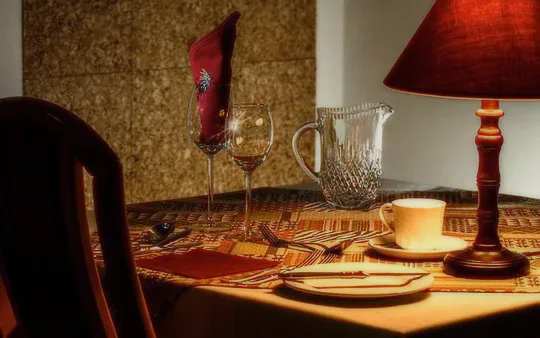 The restaurant: tables, dishes and the bar.